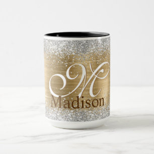 Cute brushed gold faux silver glitter monogram mug