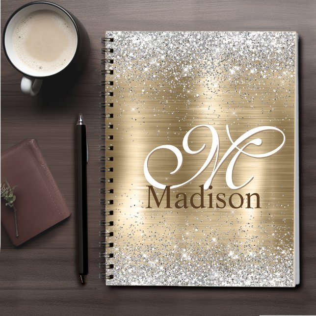 Cute brushed gold faux silver glitter monogram notebook (Creator Uploaded)
