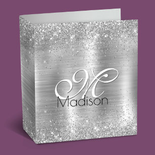 Cute brushed metal silver faux glitter monogram binder