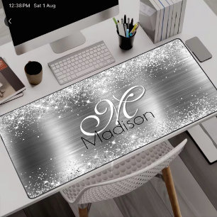 Cute brushed metal silver faux glitter monogram desk mat