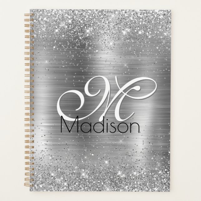Cute brushed metal silver faux glitter monogram planner (Front)