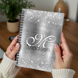 Cute brushed metal silver faux glitter monogram planner