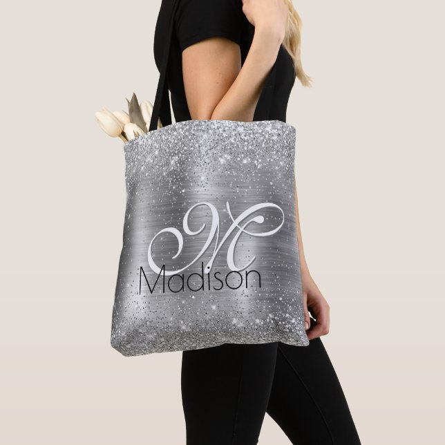 Cute brushed metal silver faux glitter monogram tote bag (Close Up)