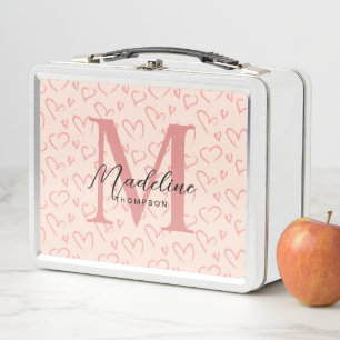 Cute Brushed Pink Heart Pattern Monogram Metal Lunch Box