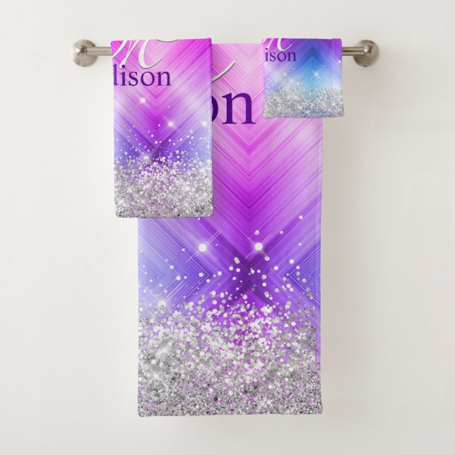 Cute brushed purple faux silver glitter monogram bath towel set (Insitu)