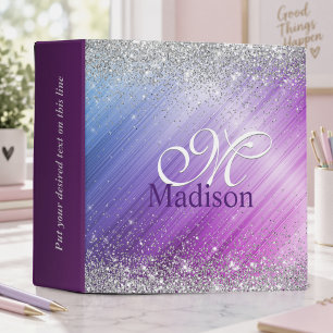 Cute brushed purple faux silver glitter monogram binder