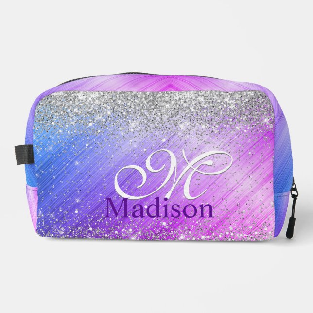 Cute brushed purple faux silver glitter monogram dopp kit (Front)