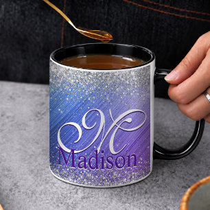 Cute brushed purple faux silver glitter monogram mug