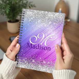 Cute brushed purple faux silver glitter monogram planner