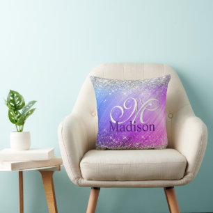 Cute brushed purple faux silver glitter monogram throw pillow