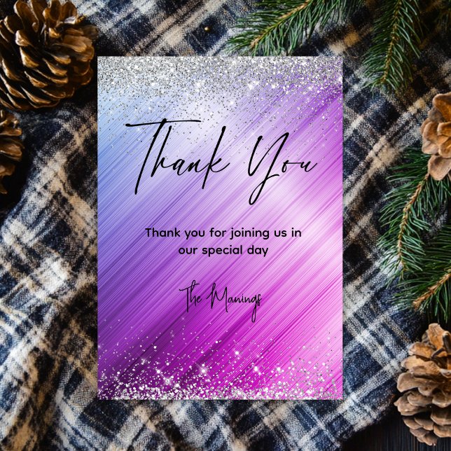 Cute brushed purple faux silver glitter thank you  card (Creator Uploaded)
