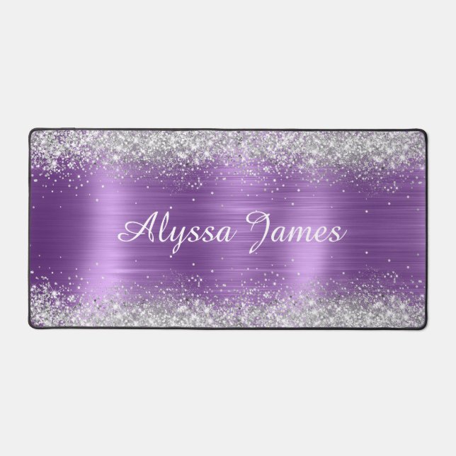 Cute Brushed Purple Foil Faux Silver Glitter  Desk Mat (Front)