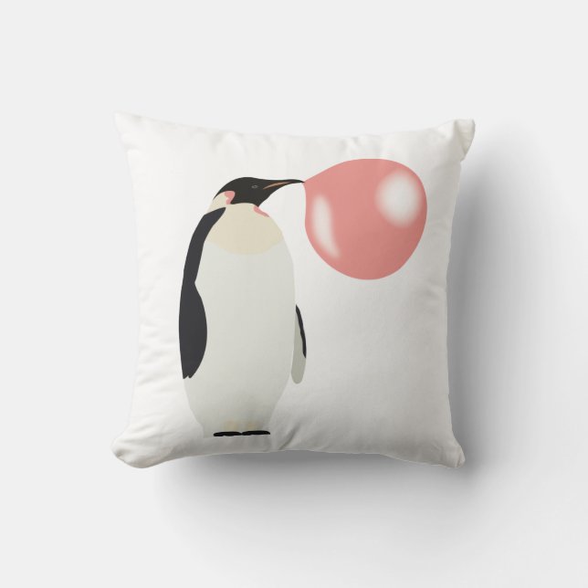 Cute Bubble Gum Penguin Blowing Bubble Throw Pillow (Front)