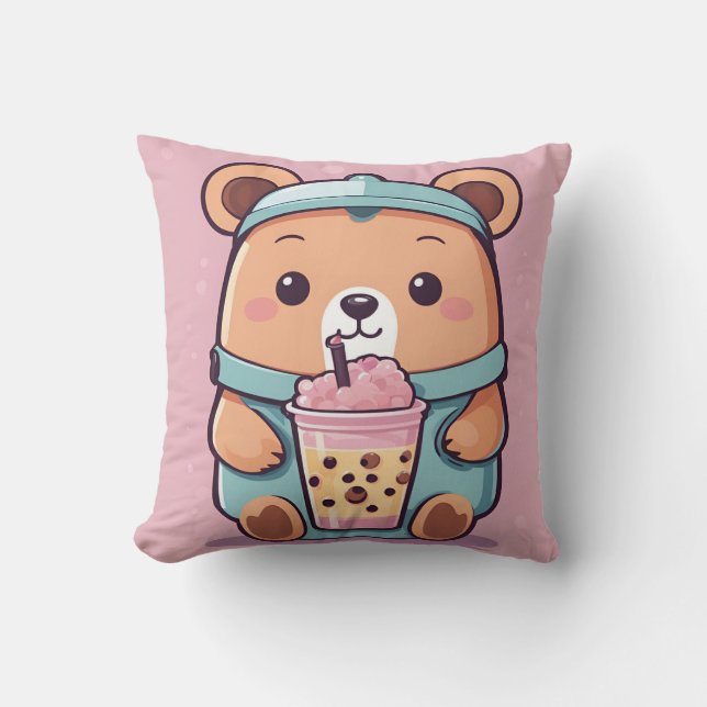Cute Bubble Tea Bear Illustration – Kawaii Style Throw Pillow (Front)