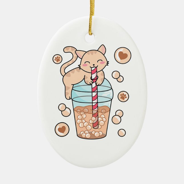 Cute Bubble Tea Cat Japanese Anime Pet Lover Ceramic Ornament (Front)