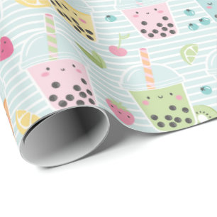 Cute Bubble Tea on light blue white stripe Wrapping Paper