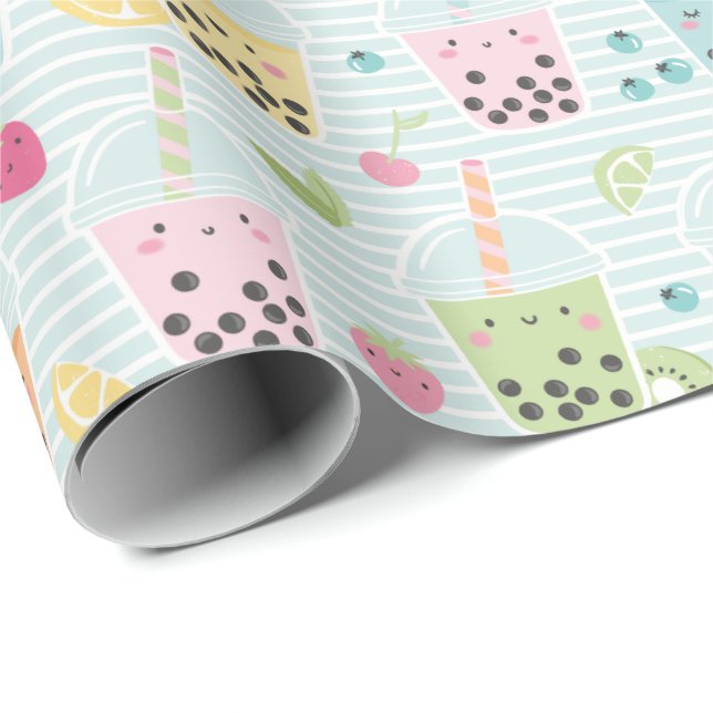 Cute Bubble Tea on light blue white stripe Wrapping Paper (Roll Corner)