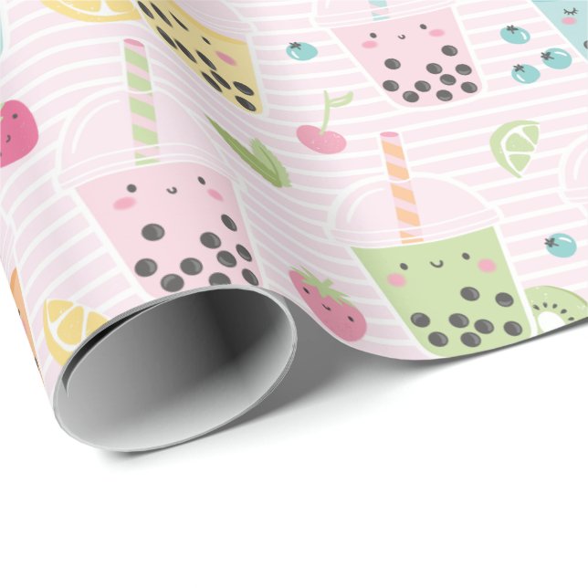 Cute Bubble Tea on light pink and white stripe Wrapping Paper (Roll Corner)