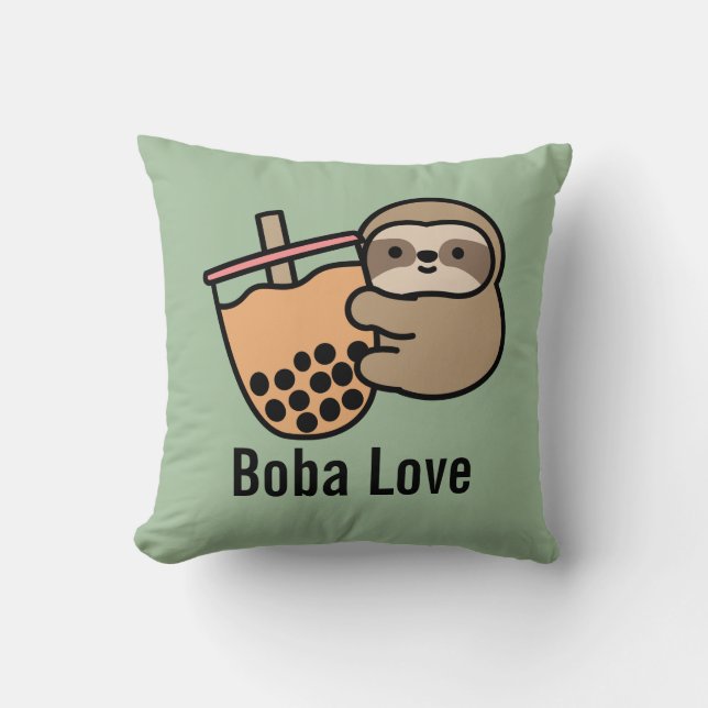 Cute Bubble Tea & Sloth Throw Pillow (Front)