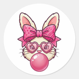 Cute Bubblegum Bunny with Heart Glasses Classic Round Sticker