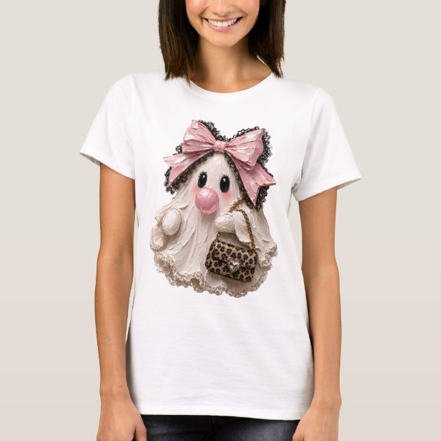 Cute Bubblegum Ghost Halloween Pink Bow T-Shirt (Front)