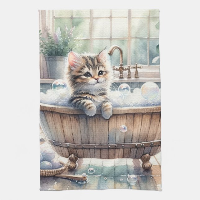 Cute Bubbly Kitten Bath Time  Kitchen Towel (Vertical)