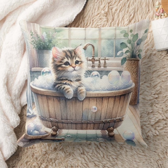 Cute Bubbly Kitten Bath Time  Throw Pillow (Blanket)