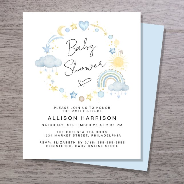 Cute Budget Boho Watercolor Baby Boy Shower Invite (Creator Uploaded)