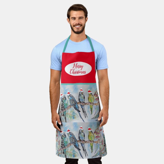 Cute Budgie Budgies Bird Birds Christmas Red Apron (Worn)