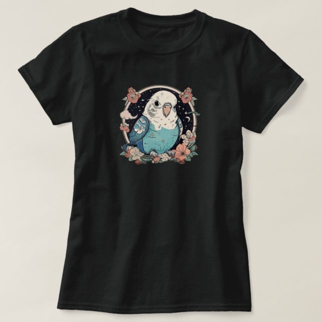Cute Budgie in Floral Wreath Women's T-Shirt (Design Front)