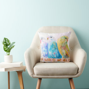 Cute Budgie Watercolor Painting Budgies On Branch Throw Pillow