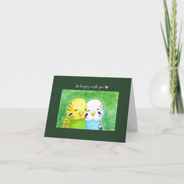 Cute Budgies Parakeet Couple Snuggling Anniversary Card (Front)