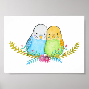 Cute Budgies with Flowers Parakeet Pet Portrait Poster