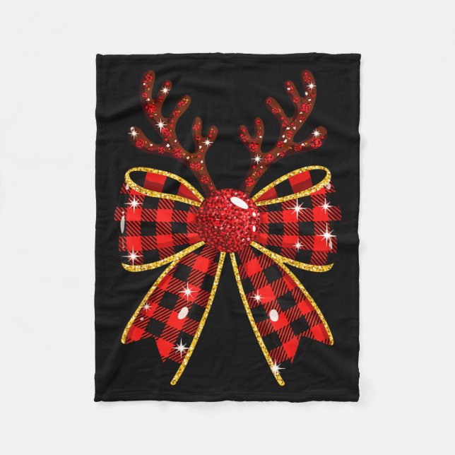 Cute Buffalo Plaid Coquette Bow Reindeer Christmas Fleece Blanket (Front)