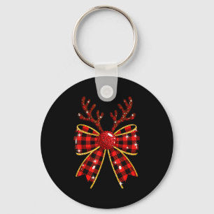Cute Buffalo Plaid Coquette Bow Reindeer Christmas Keychain