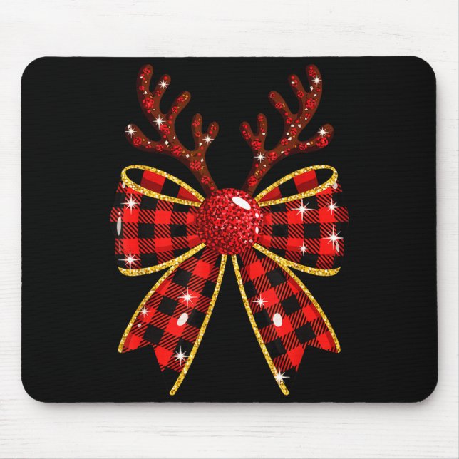 Cute Buffalo Plaid Coquette Bow Reindeer Christmas Mouse Pad (Front)