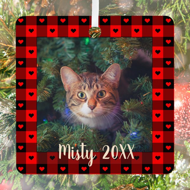 Cute Buffalo Plaid Hearts Custom Cat Pet Christmas Metal Ornament (Creator Uploaded)