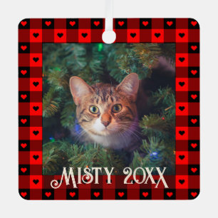 Cute Buffalo Plaid Hearts Custom Cat Pet Christmas Metal Ornament