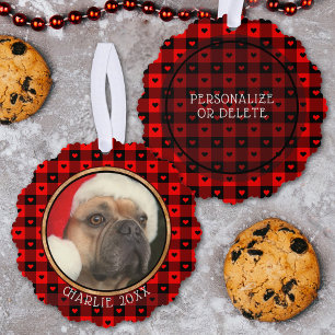 Cute Buffalo Plaid Hearts Custom Dog Pet Christmas Ornament Card