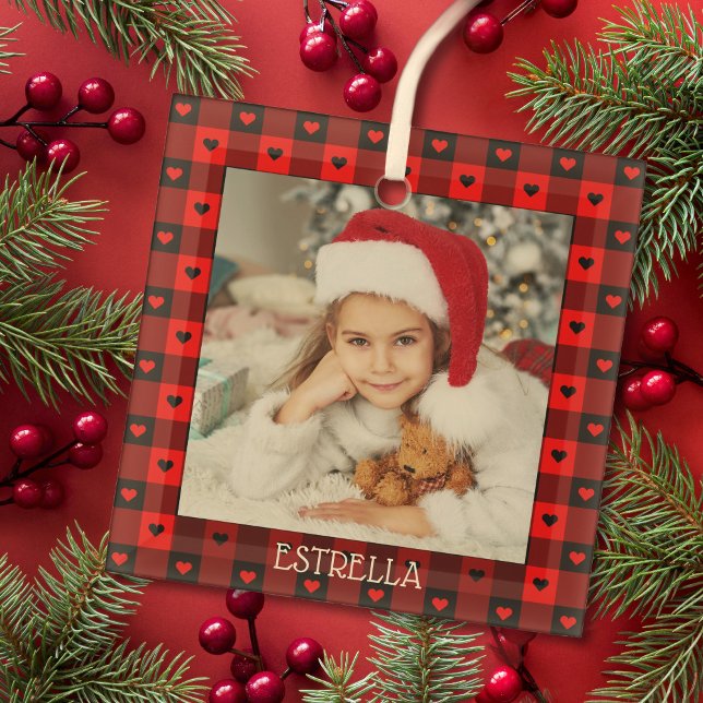Cute Buffalo Plaid Hearts Personalized Christmas Glass Ornament (Creator Uploaded)