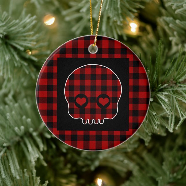 Cute Buffalo Plaid Skull Ceramic Ornament (Tree)