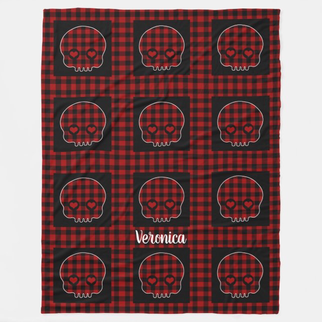 Cute Buffalo Plaid Skull Fleece Blanket (Front)