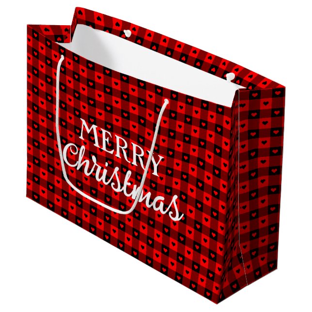Cute Buffalo Plaid With Hearts Red Merry Christmas Large Gift Bag (Front Angled)