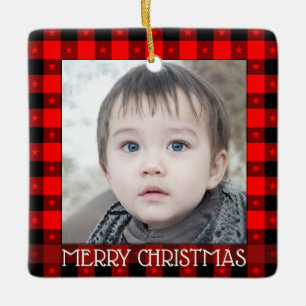 Cute Buffalo Plaid With Stars Custom Name & Photo Ceramic Ornament
