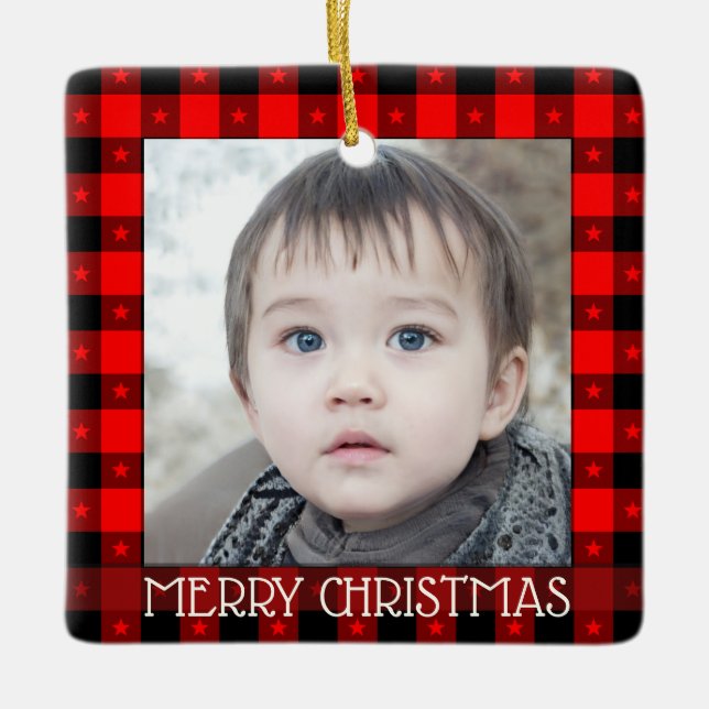 Cute Buffalo Plaid With Stars Custom Name & Photo Ceramic Ornament (Front)