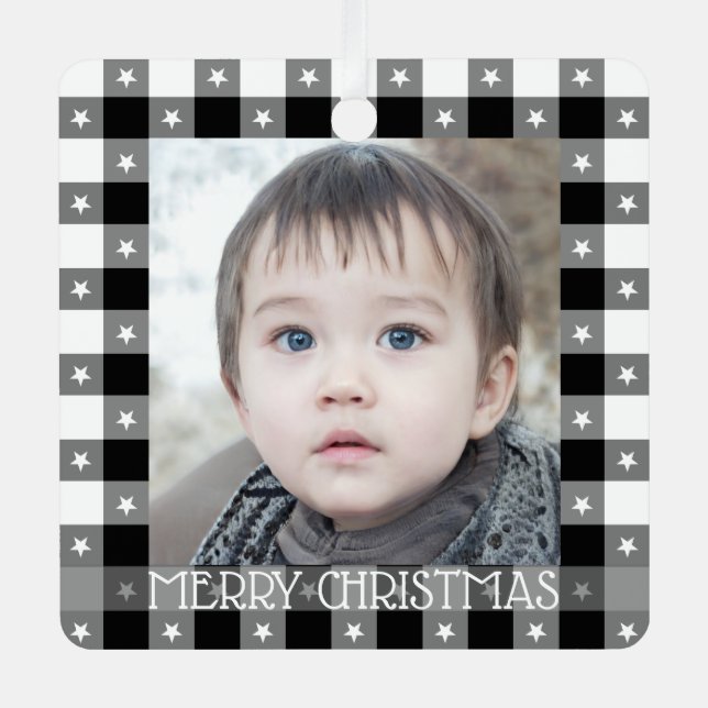 Cute Buffalo Plaid With Stars Custom Name & Photo  Metal Ornament (Front)