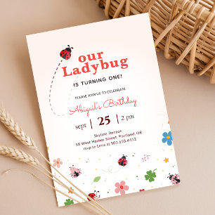Cute Bug Ladybug Baby Girl 1st Birthday Party Invitation