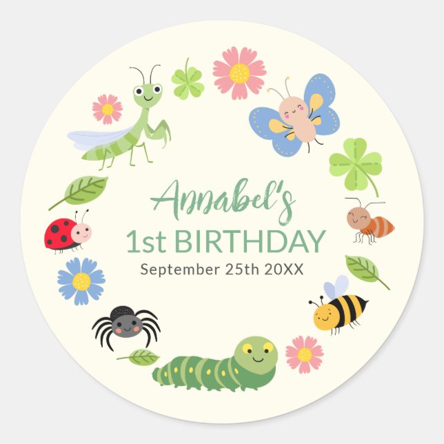 Cute Bug Ladybug Buttefly Kids 1st Birthday  Classic Round Sticker (Front)