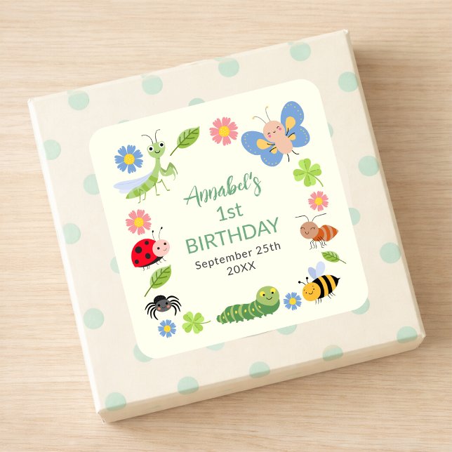 Cute Bug Ladybug Buttefly Kids 1st Birthday  Square Sticker (Creator Uploaded)