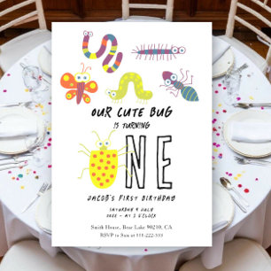 Cute Bug Worm Buttefly Kids 1st Birthday Party  Invitation